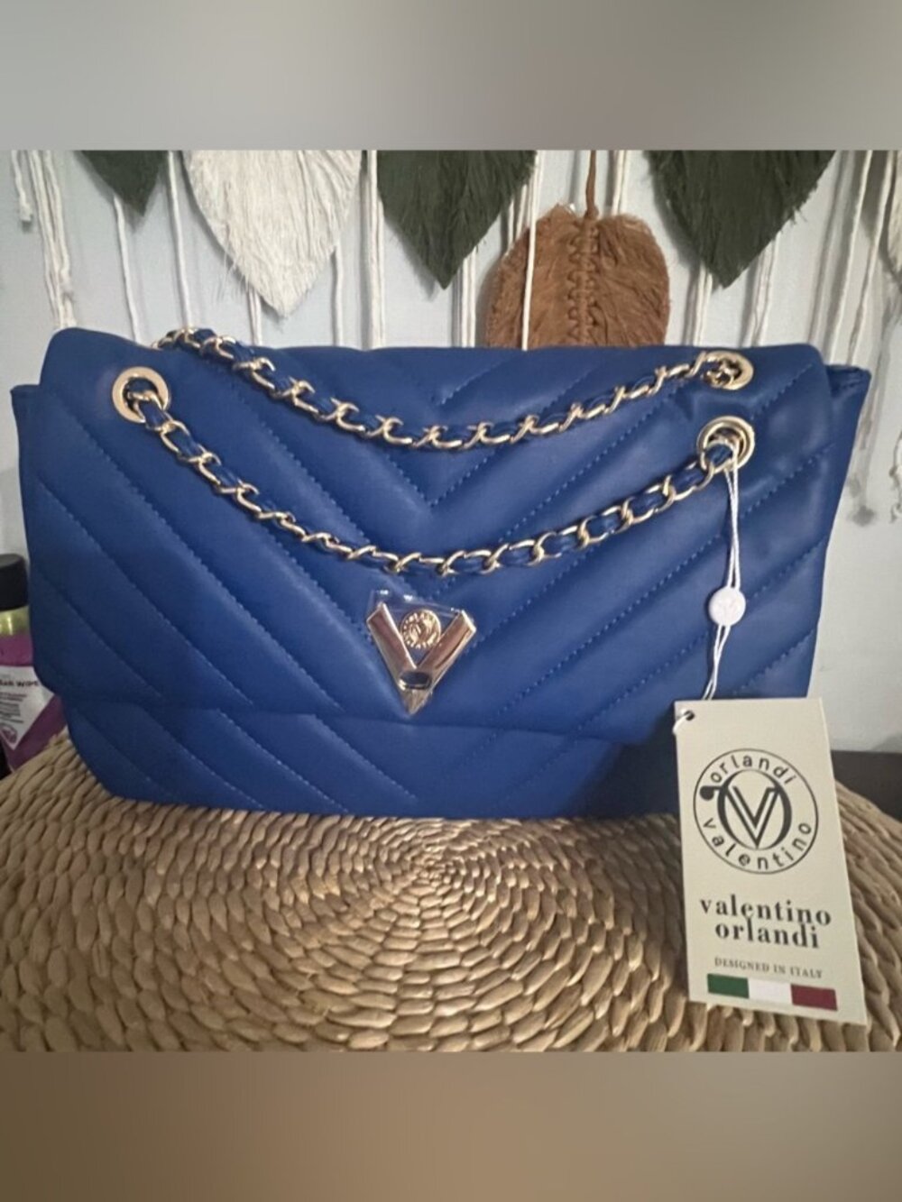 Valentino Orlandi Royal Blue Chevron Quilted Chain Shoulder Bag NWT
